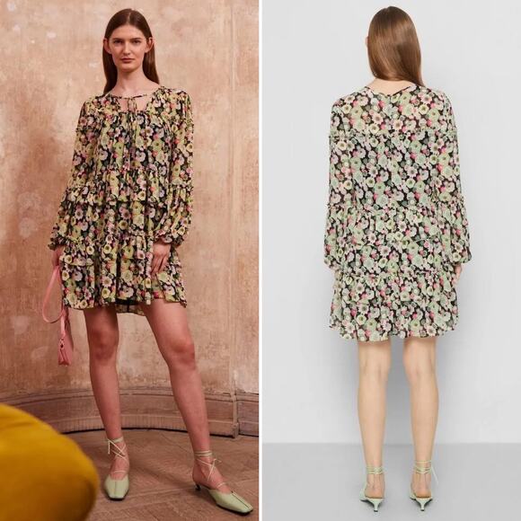 Cinq A Sept Dita Long Sleeve Floral Tiered Mini Dress Prickly Pear Size 4 - Picture 2 of 12